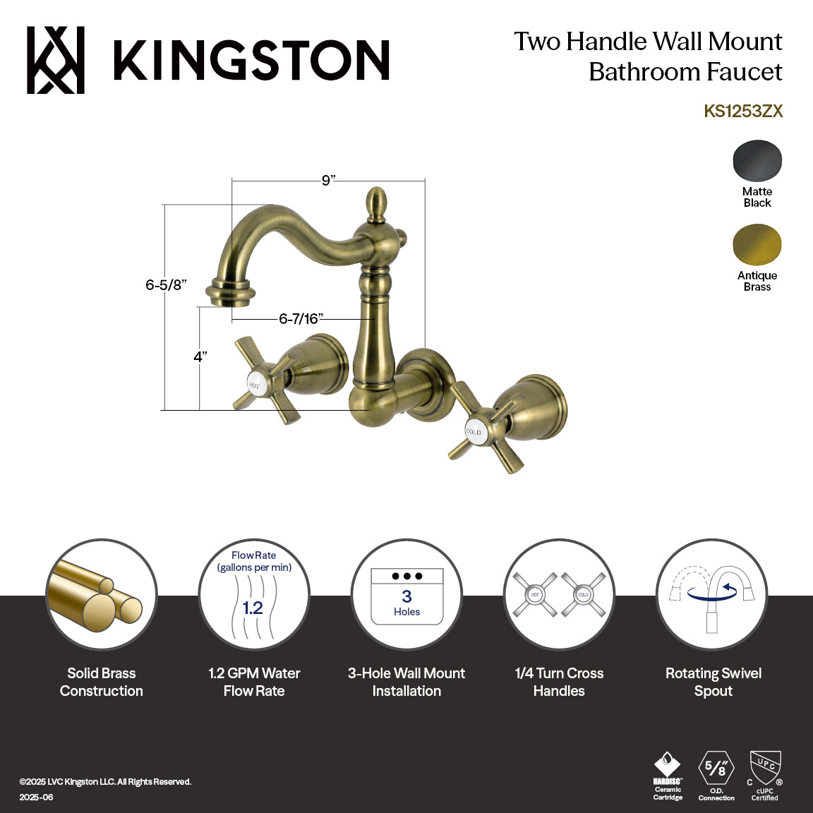 Kingston Heirloom KS1253ZX - Millennium Double-Handle 3-Hole Wall Mount Bathroom Faucet, Antique Brass — thumbnail 2